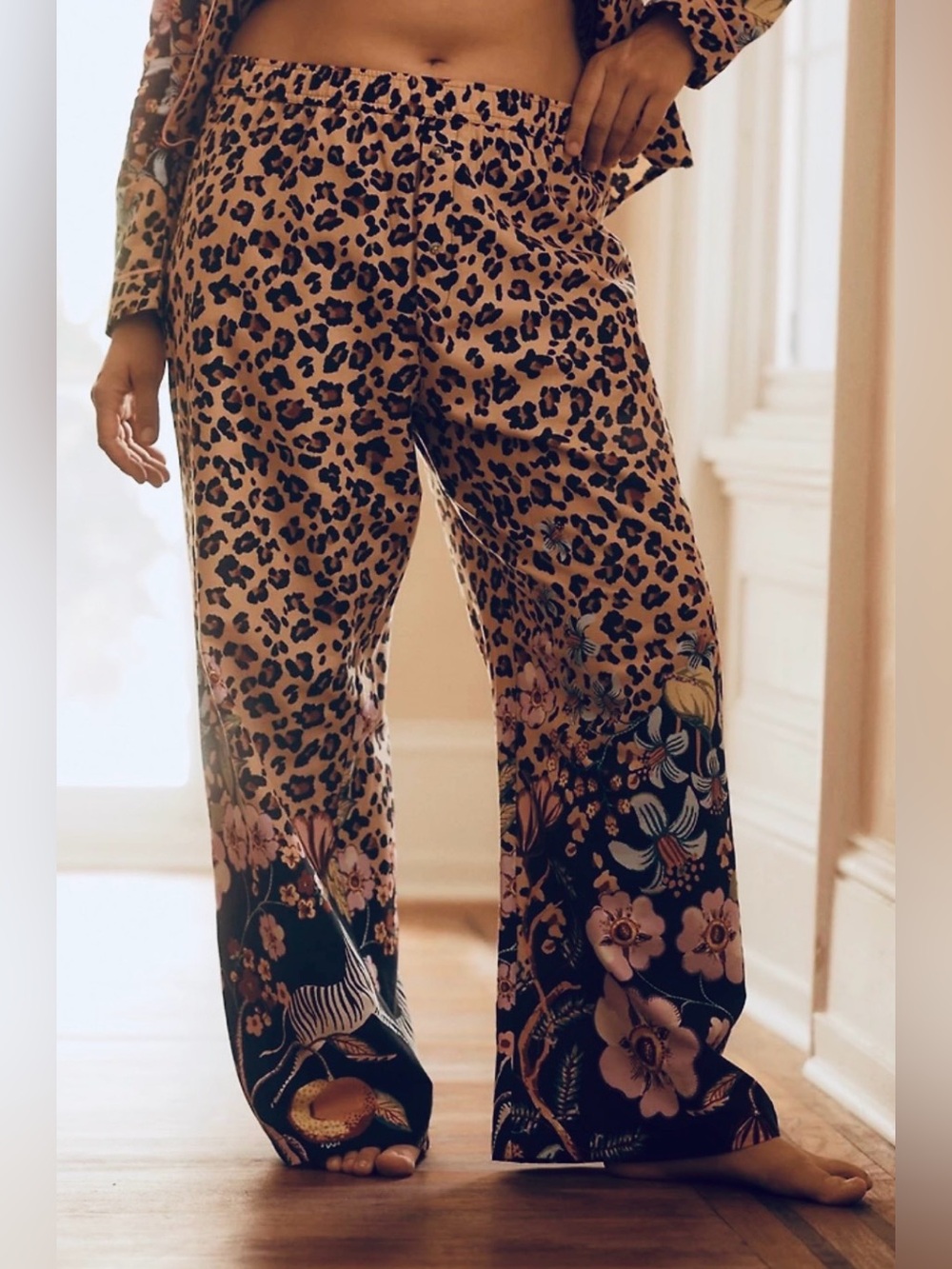 Anthroplogie wide-Leg Leopard & Floral Print LyreBird Cloud Flannel Pajama Pant